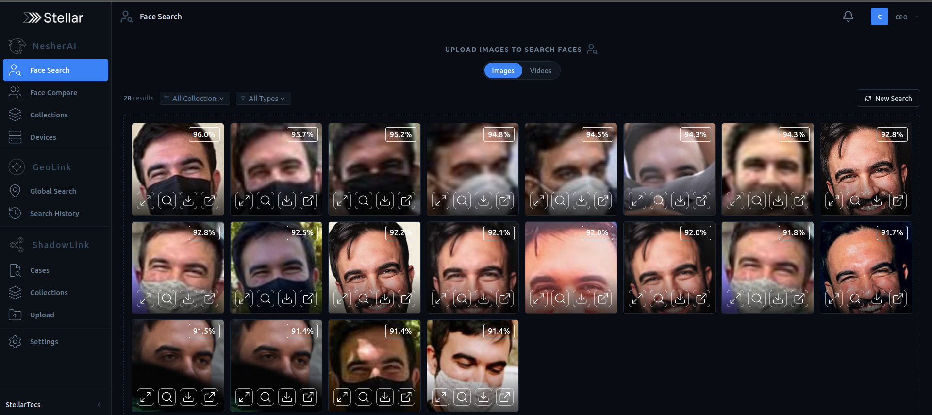 NesherAI Face Search — 20 results returned with similarity scores