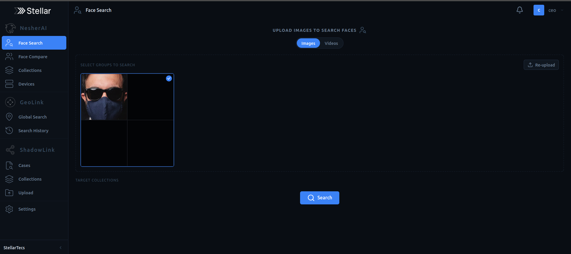 NesherAI Face Search — uploading a masked face for identification